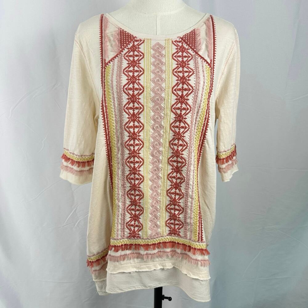 Sundance Montera Embroidered Tunic Top M Cotton Boho Festival Fringe Knit Trim